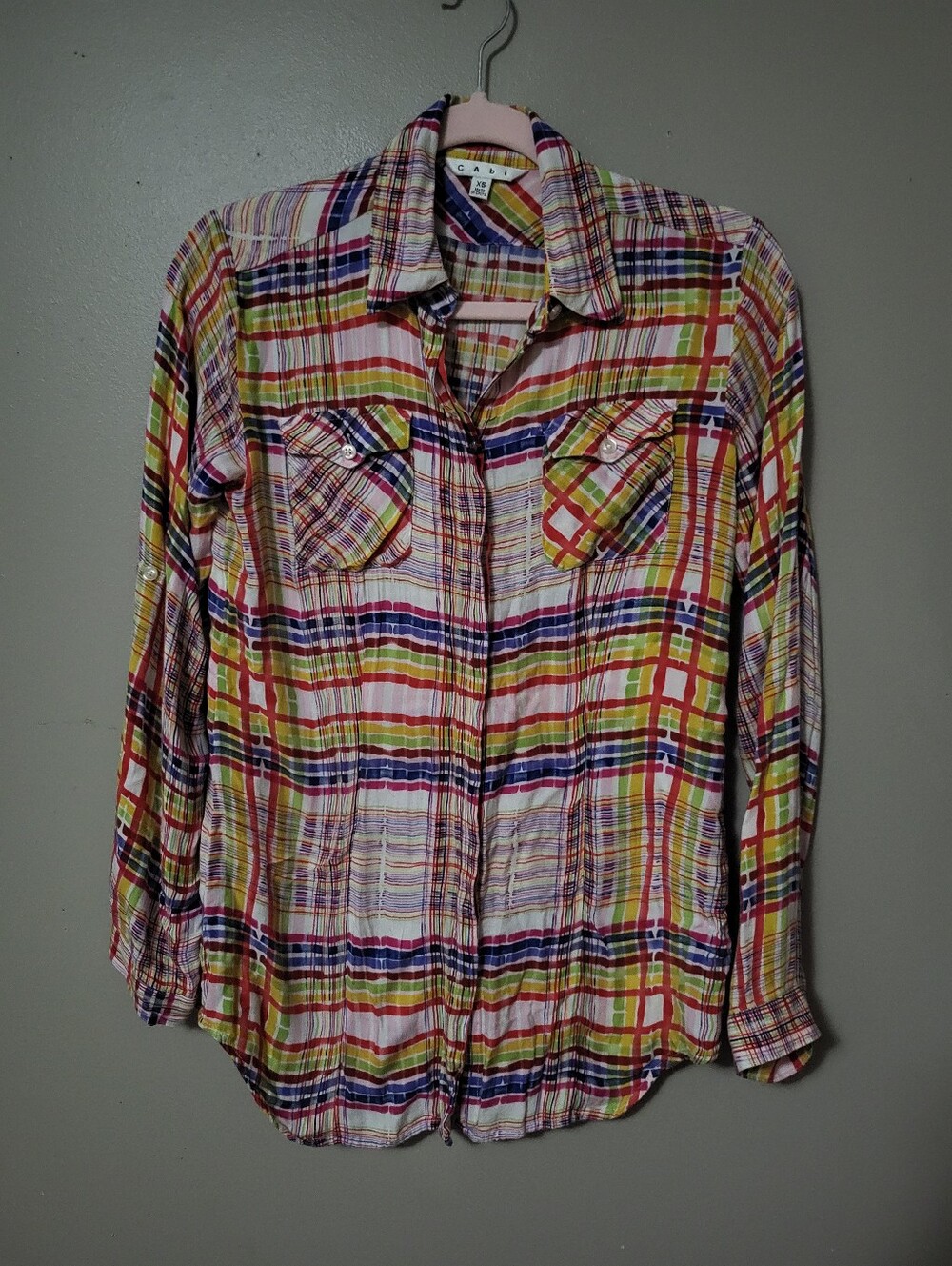 Casual Multi-Color Plaid Button-Front Women's Shirt XS Red Purple CAbi